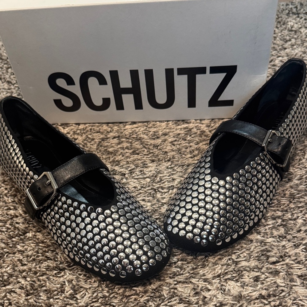 SCHUTZ Black and Silver Studded Flats